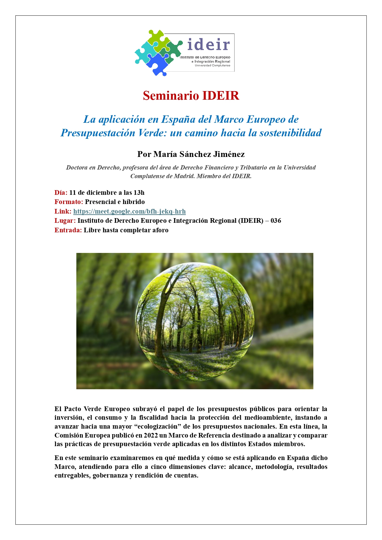 Seminario IDEIR  “La aplicación en España del Marco Europeo de Presupuestación Verde: un camino hacia la sostenibilidad” (11 diciembre 2025) 